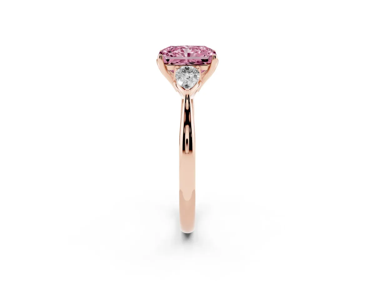 Fancy Pink Radiant Cut Diamond Three-Stone Ring with Pear Side Stones and Prong Setting Rose gold
