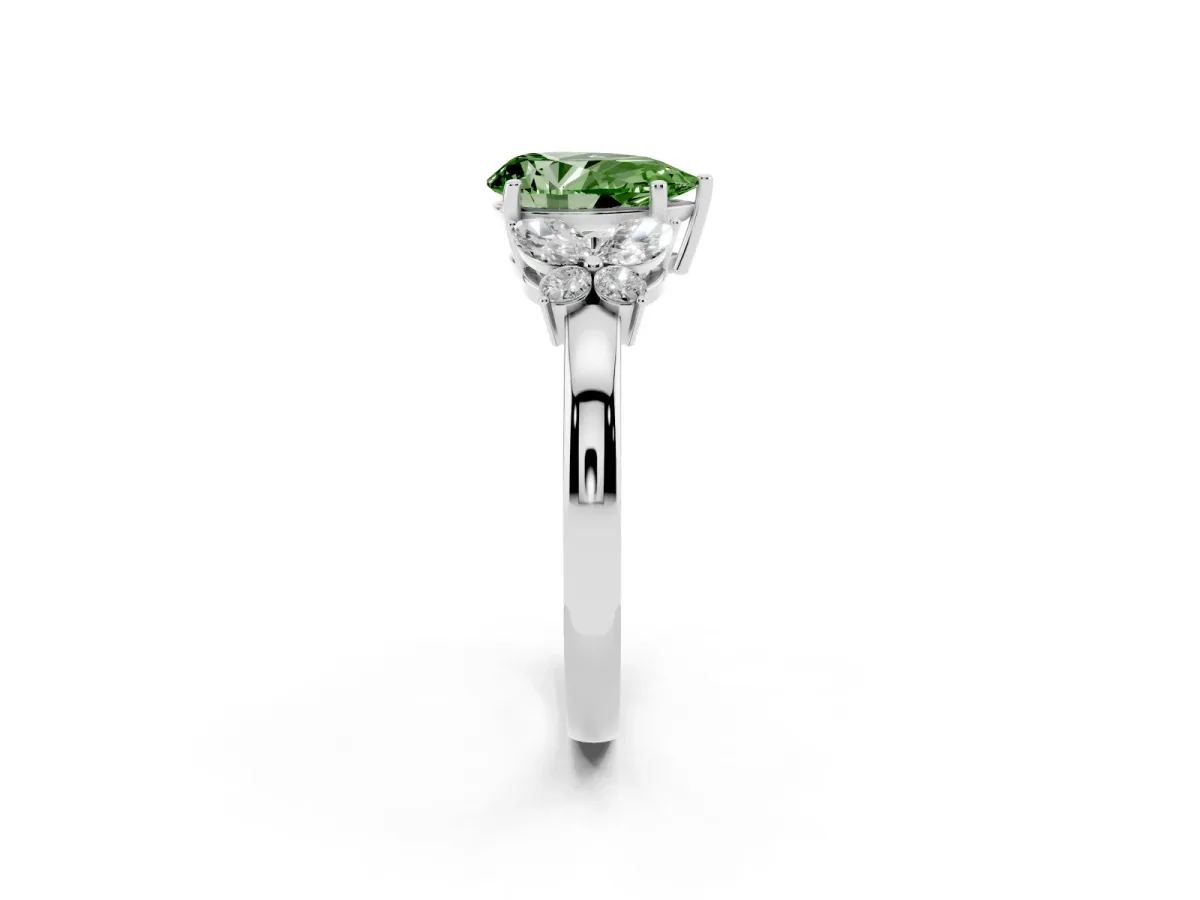Fancy Green Pear Cut Cut Solitaire Floral Diamond Ring with Four-Prong Setting Silver