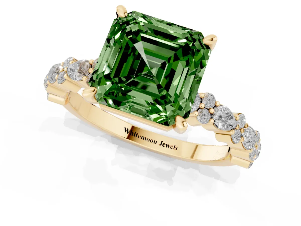 Fancy Green Asscher Cut Diamond Side Stone Solitaire Ring with Round and Four-Prong Setting Yellow gold