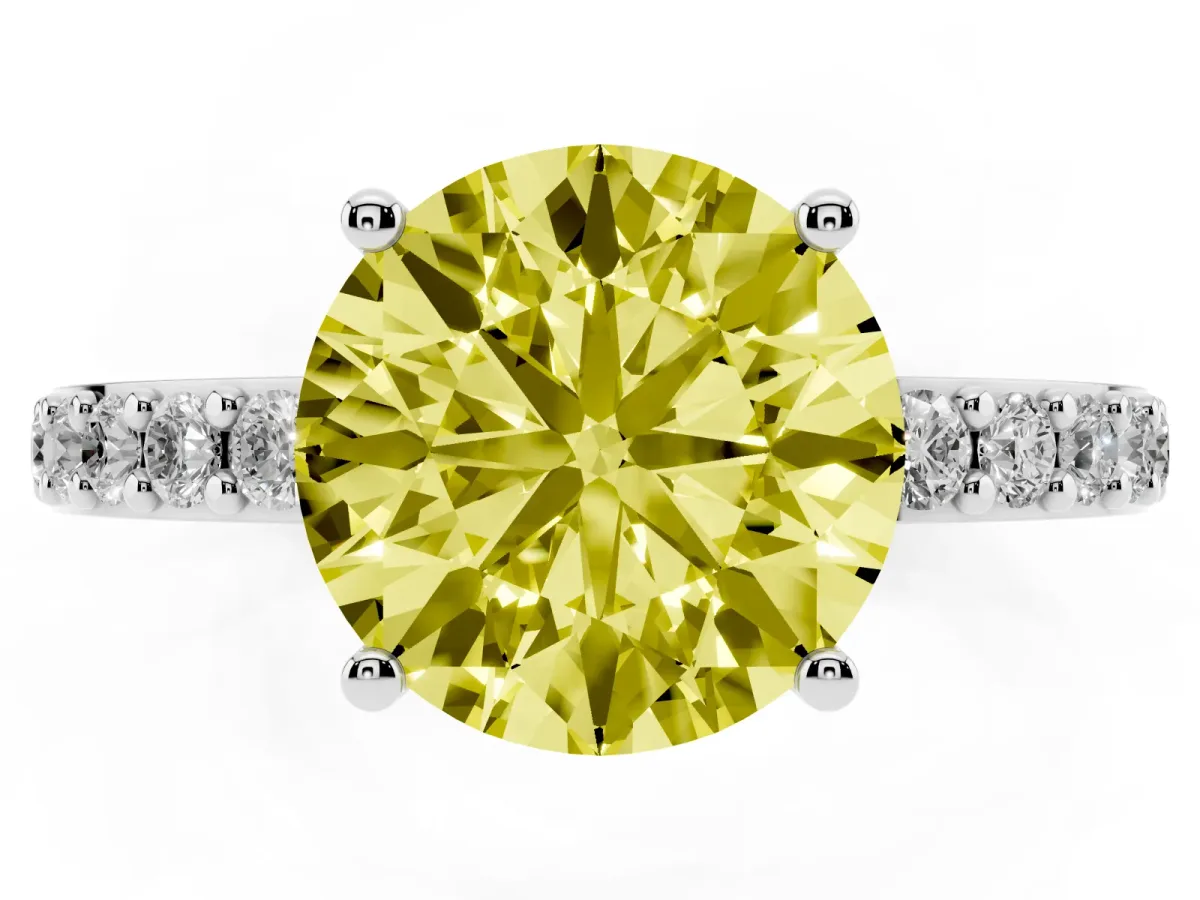 Fancy Yellow Round Cut Cut Diamond Solitaire with Pave Band and Four-Prong Setting Silver