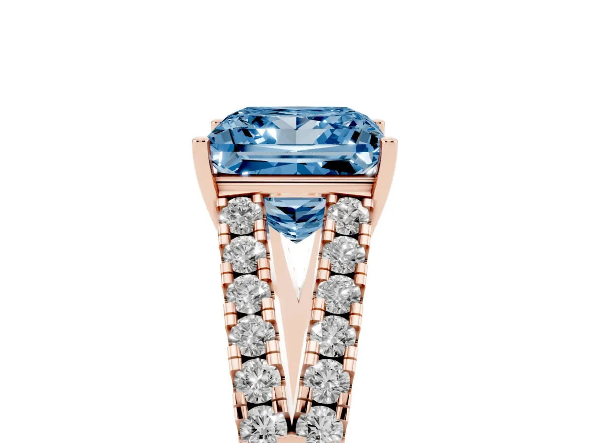 Fancy Blue Princess Cut Diamond Split Shank Engagement Ring with Round Pavé and Prong Setting Rose gold