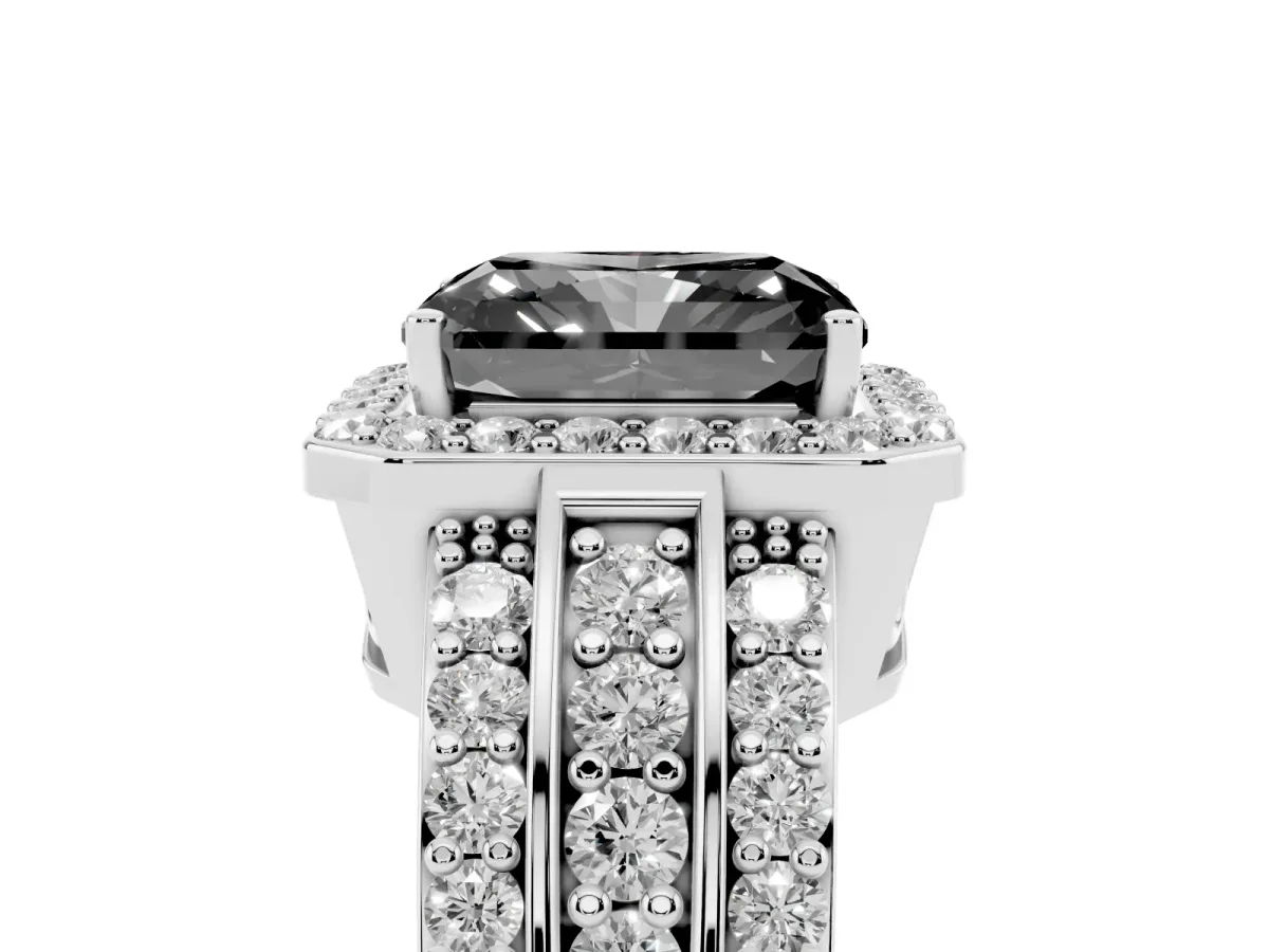 Fancy Black Radiant Cut Halo Diamond Ring with Round Split Shank and Prong Setting Silver