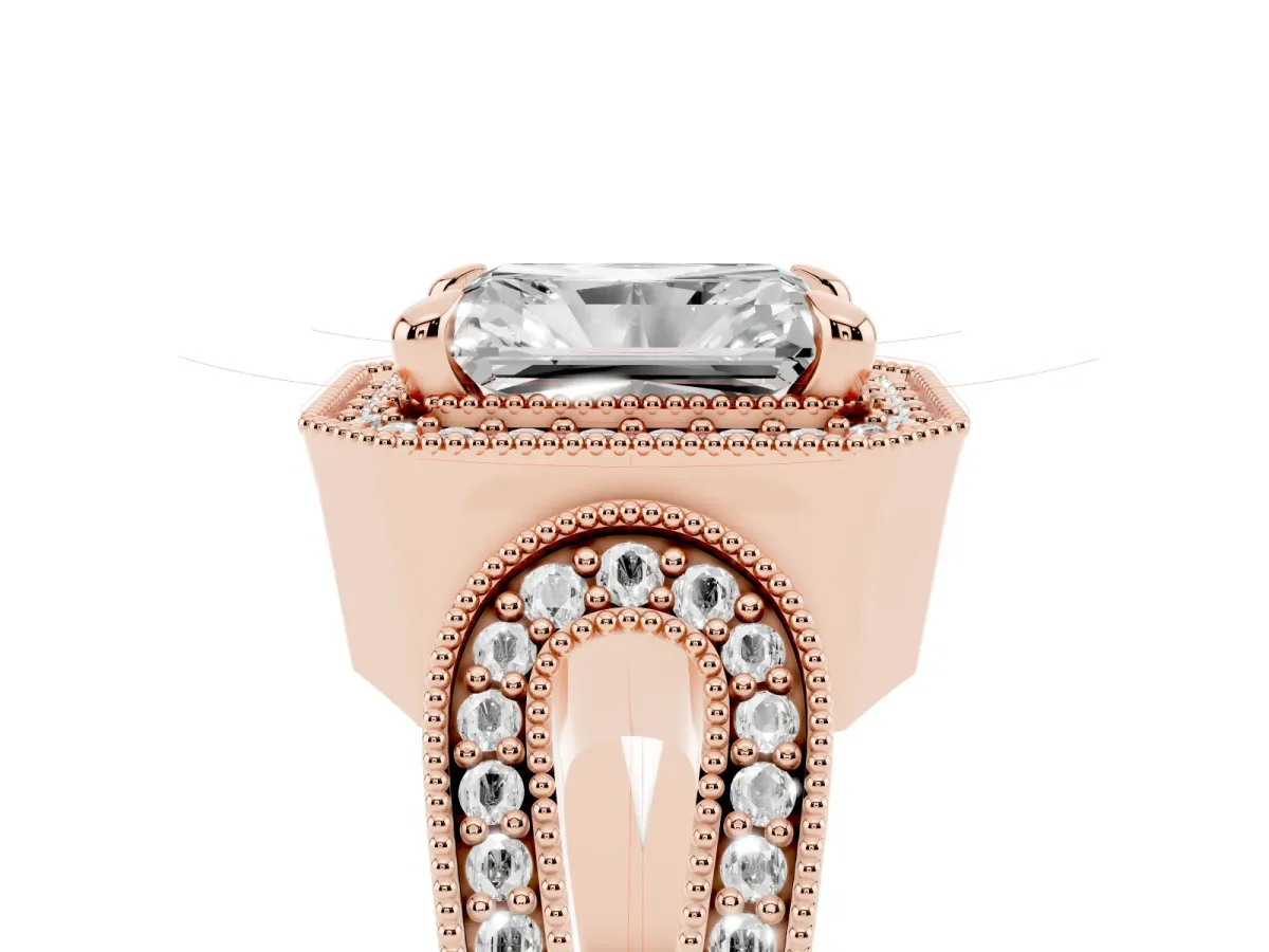 Radiant Cut Halo Split Shank Milgrain Diamond Ring Rose gold
