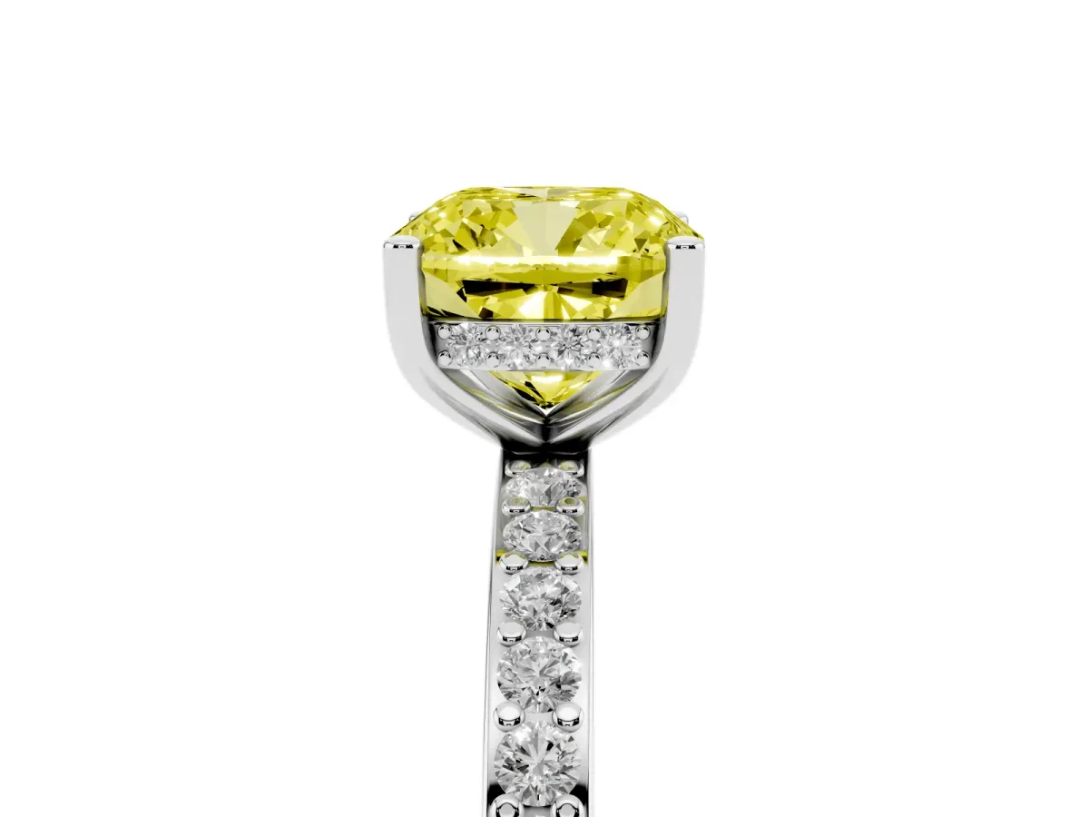 Fancy Yellow Cushion Cut Cut Diamond Pavé Band Ring with Four-Prong Setting Silver