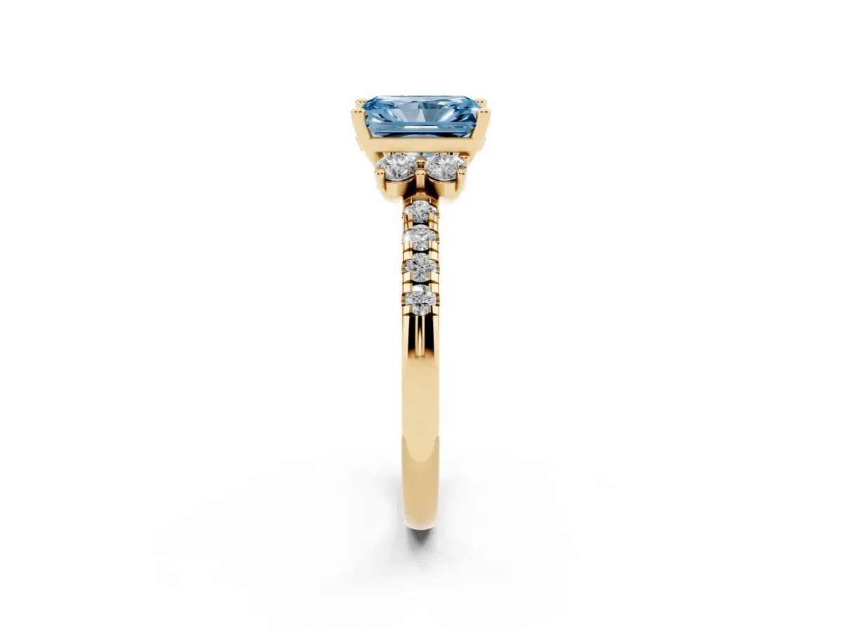 Fancy Blue Radiant Cut Diamond Three-Stone Pave Band with Four-Prong Setting Yellow gold