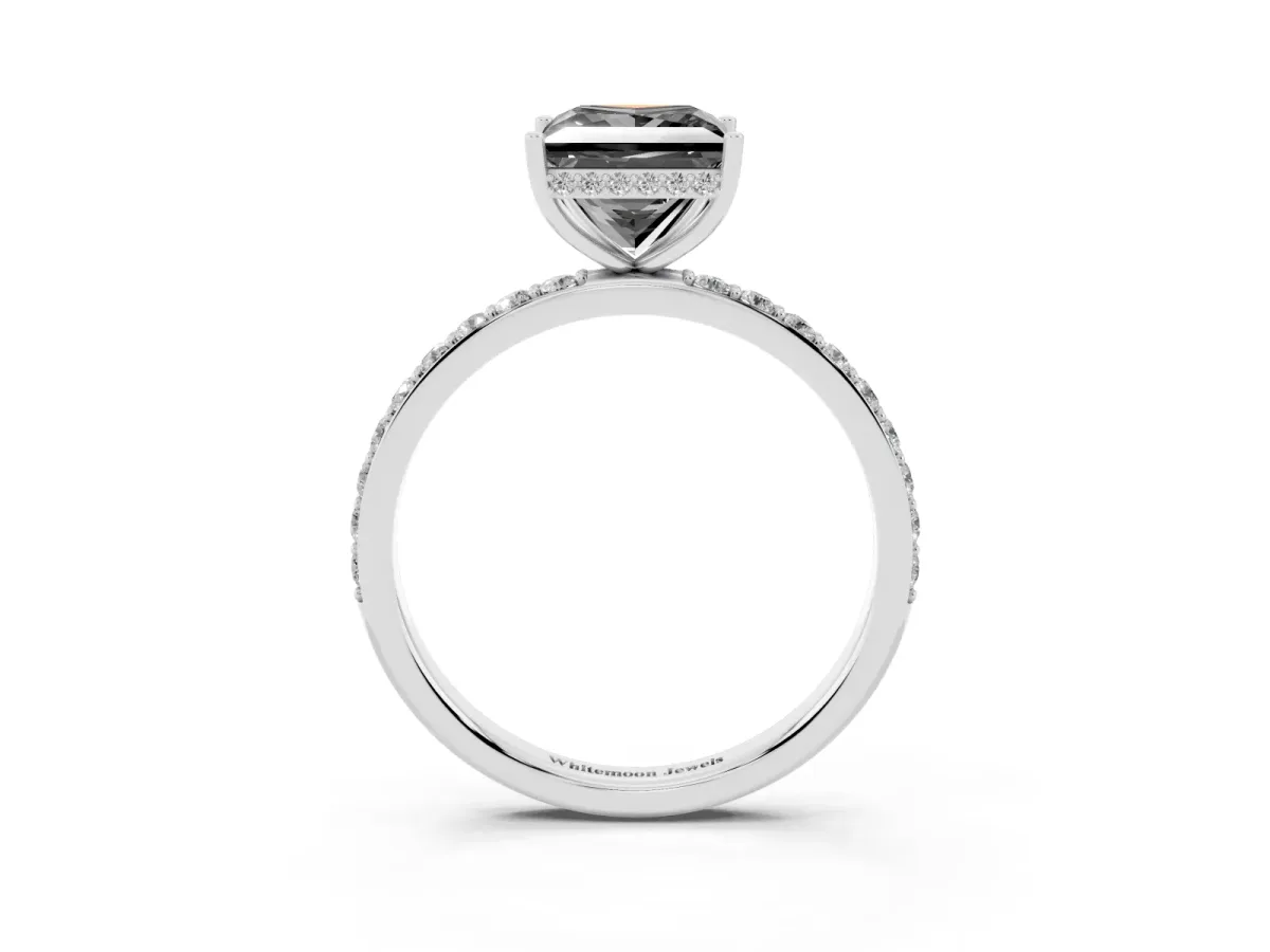 Fancy Black Princess Cut Diamond Solitaire Ring with Pavé Band and Hidden Halo Platinum