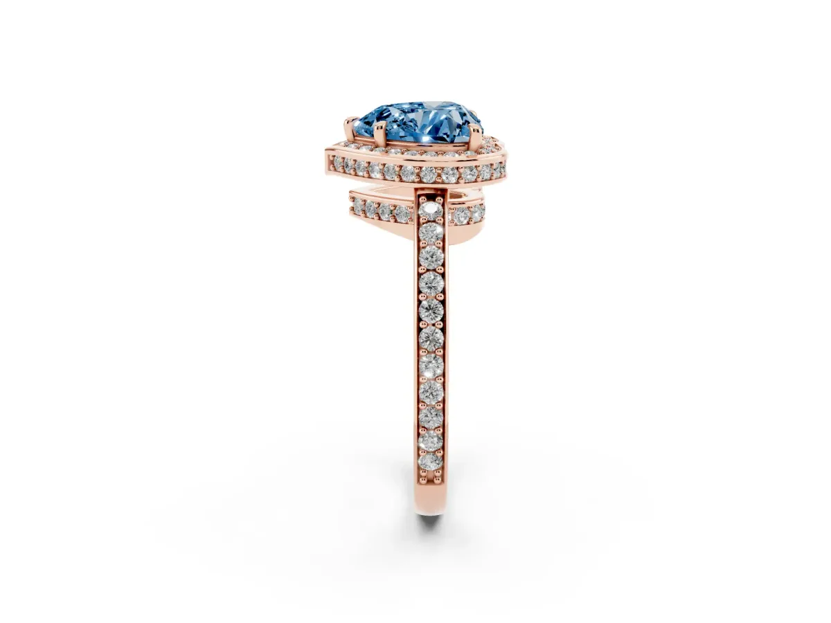Fancy Blue Heart Cut Halo Pave Band Solitaire Ring with Prong Setting Rose gold