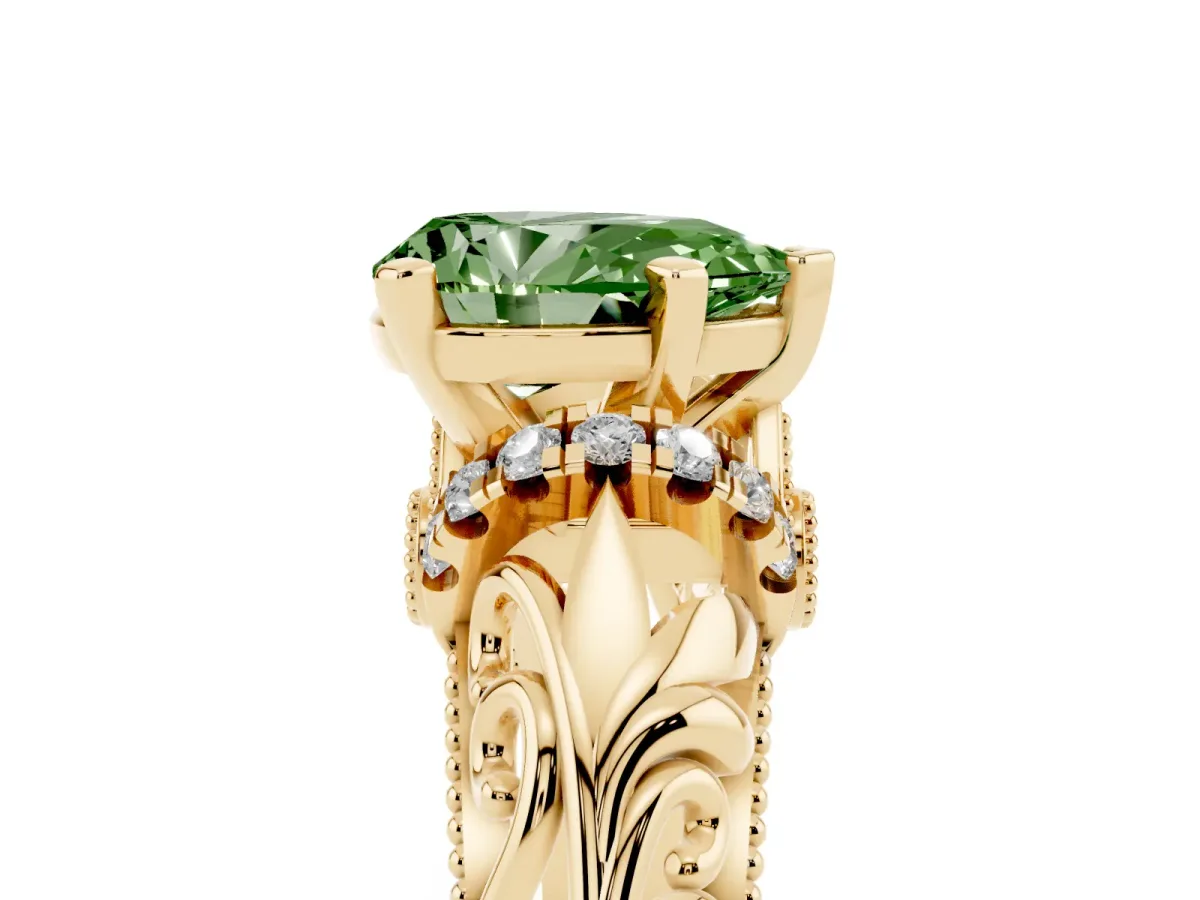 Fancy Green Pear Cut Solitaire Filigree Engagement Ring with Halo and Prong Setting Yellow gold