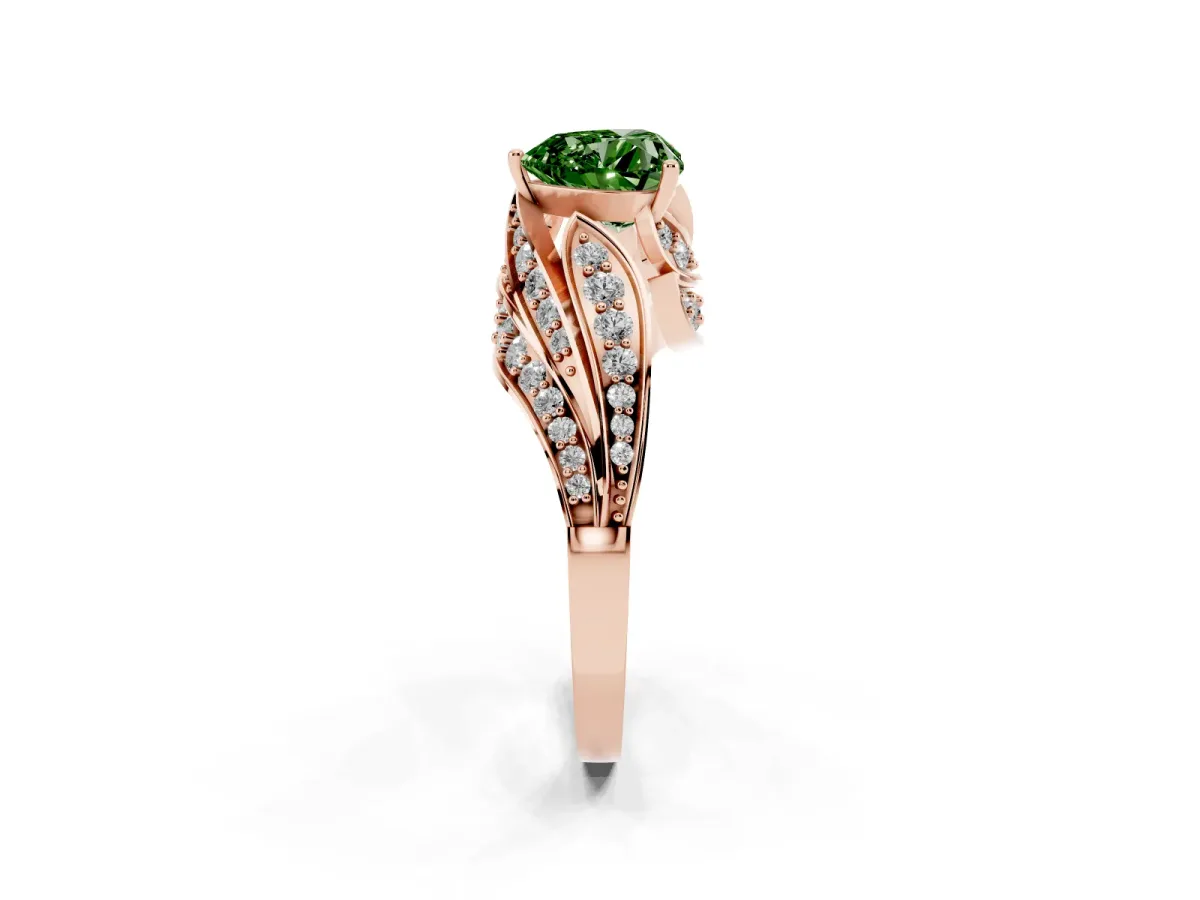 Fancy Green Heart Cut Diamond Solitaire Ring with Prong Setting and Twisted Pavé Band Rose gold