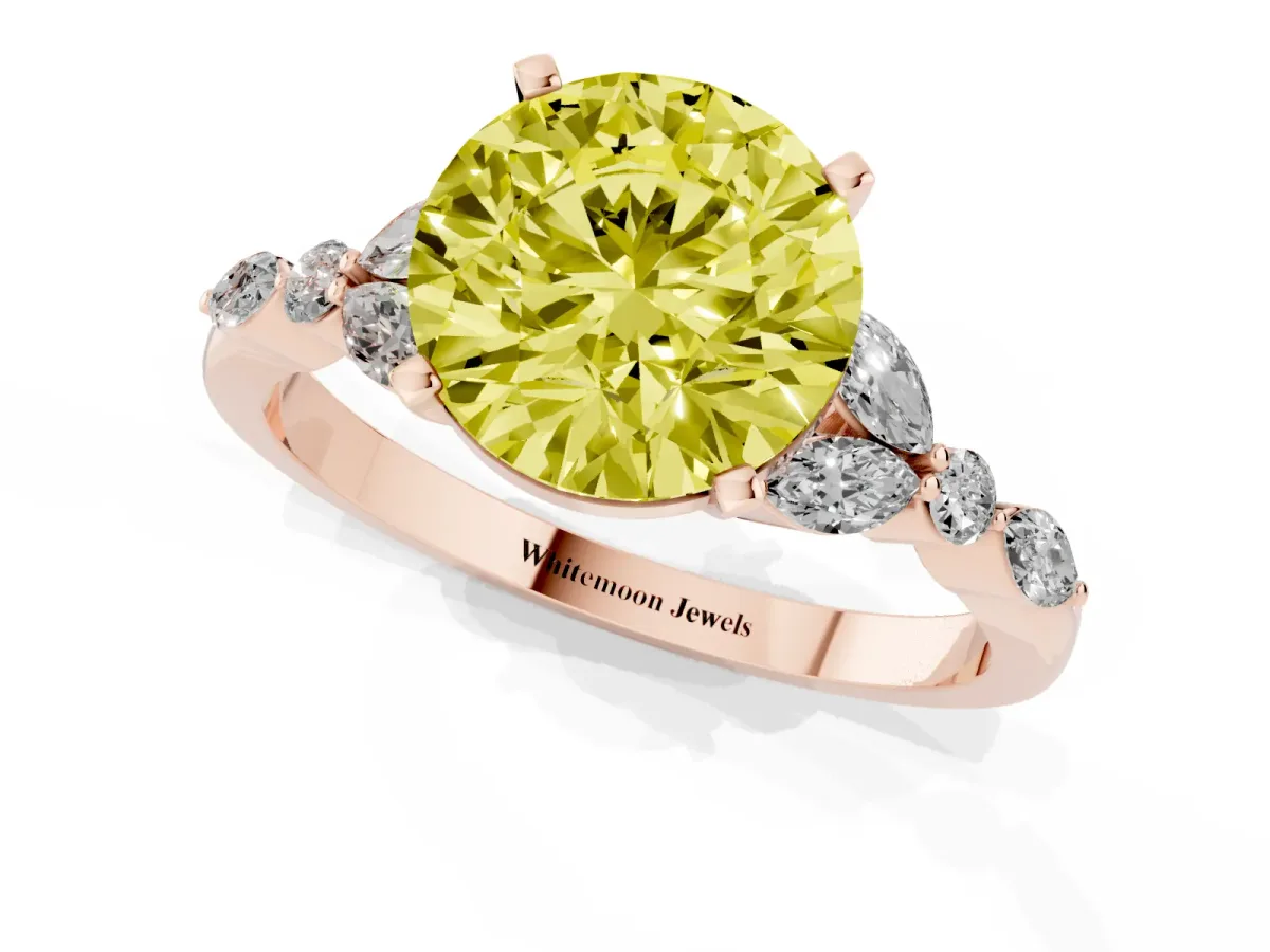 Fancy Yellow Round Cut Diamond Solitaire Ring with Side Stones and Four-Prong Setting Rose gold