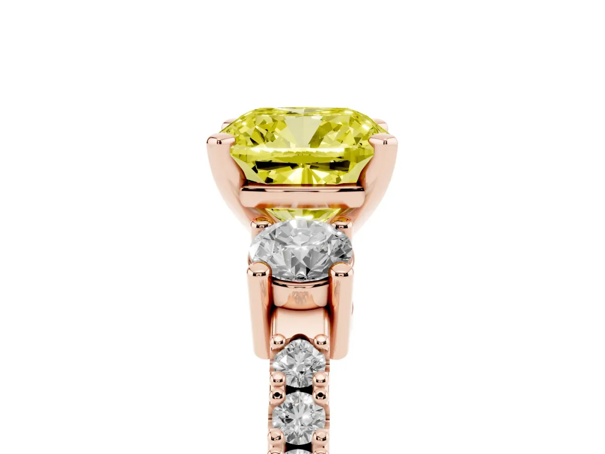 Fancy Yellow Cushion Cut Three-Stone Diamond Pavé Band with Prong Setting Rose gold