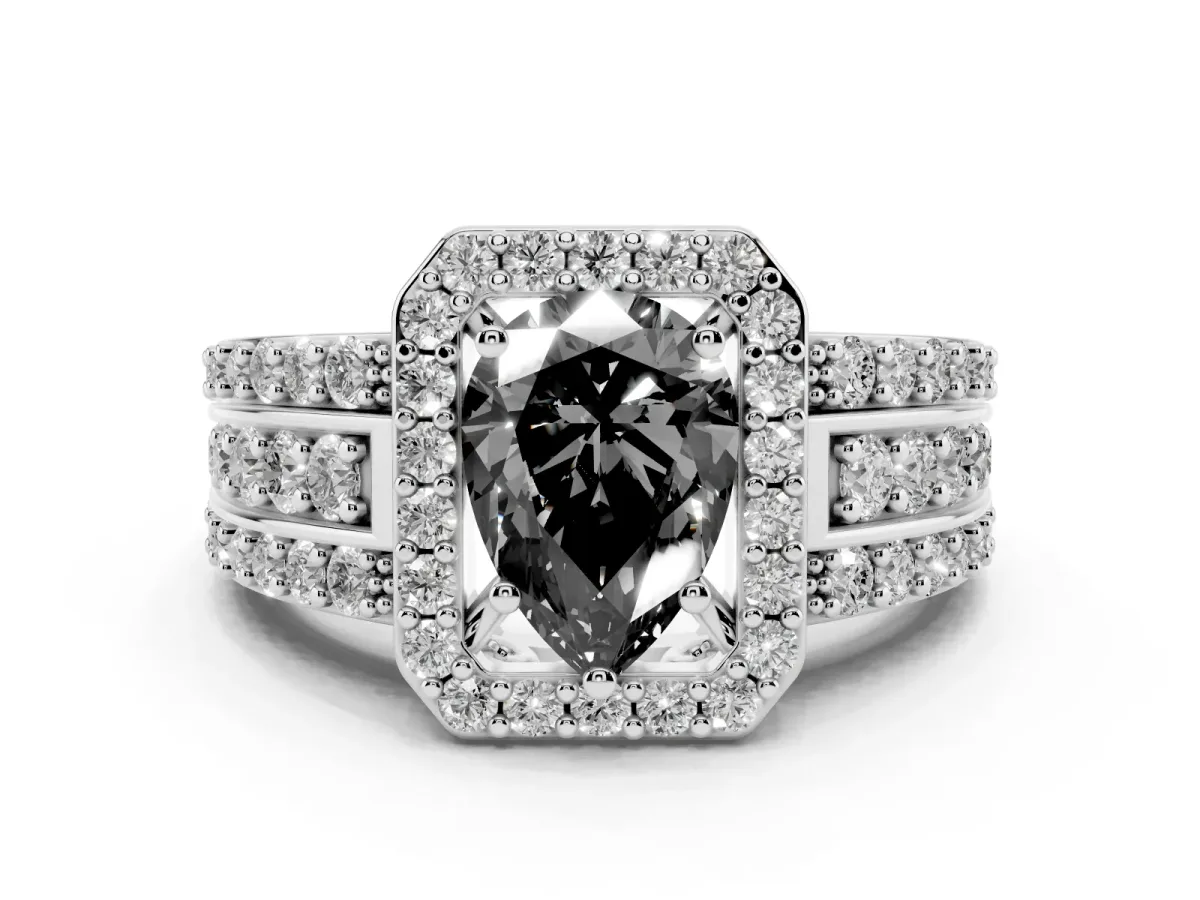 Fancy Black Pear Cut Halo Diamond Ring with Round Split Shank and Prong Setting Platinum