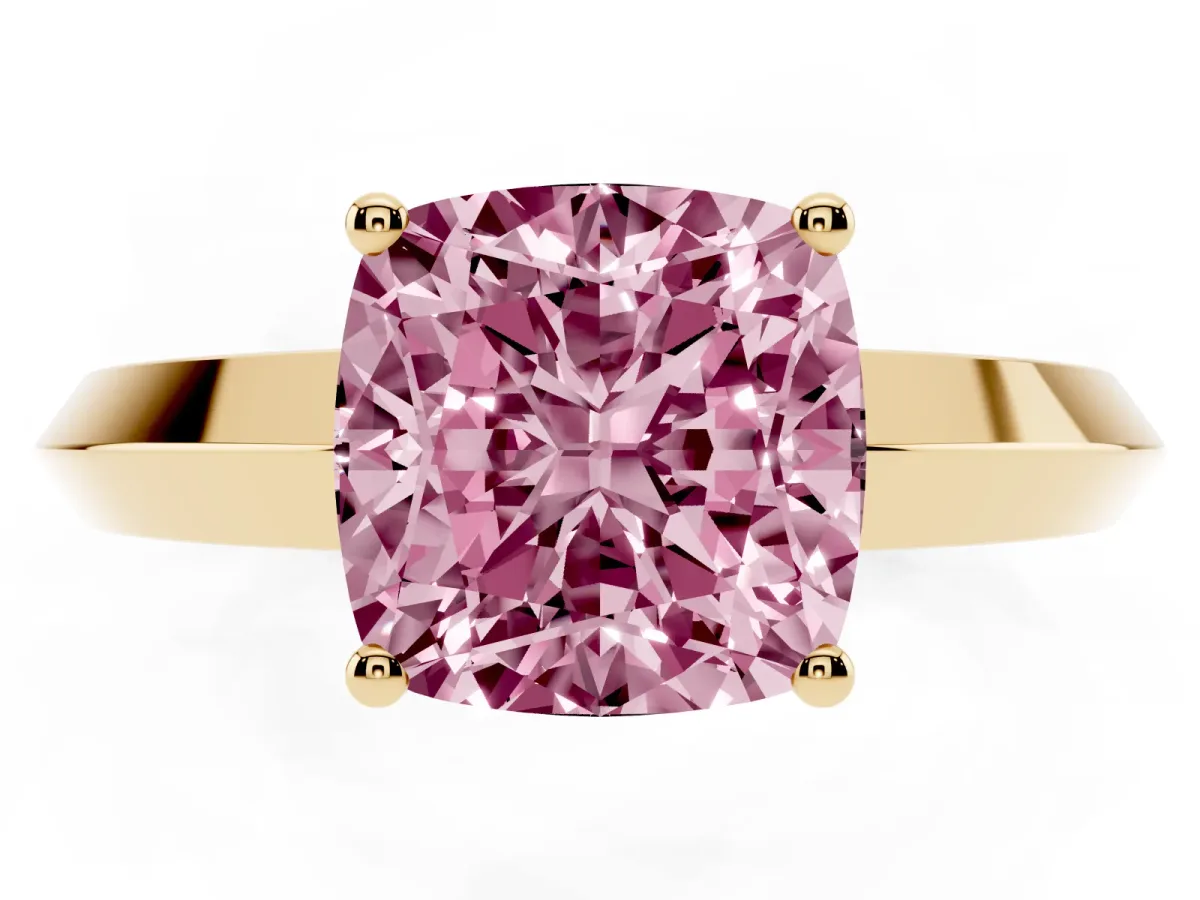 Fancy Pink Cushion Cut Cut Solitaire Engagement Ring with Flat Band and Four-Prong Setting Yellow gold
