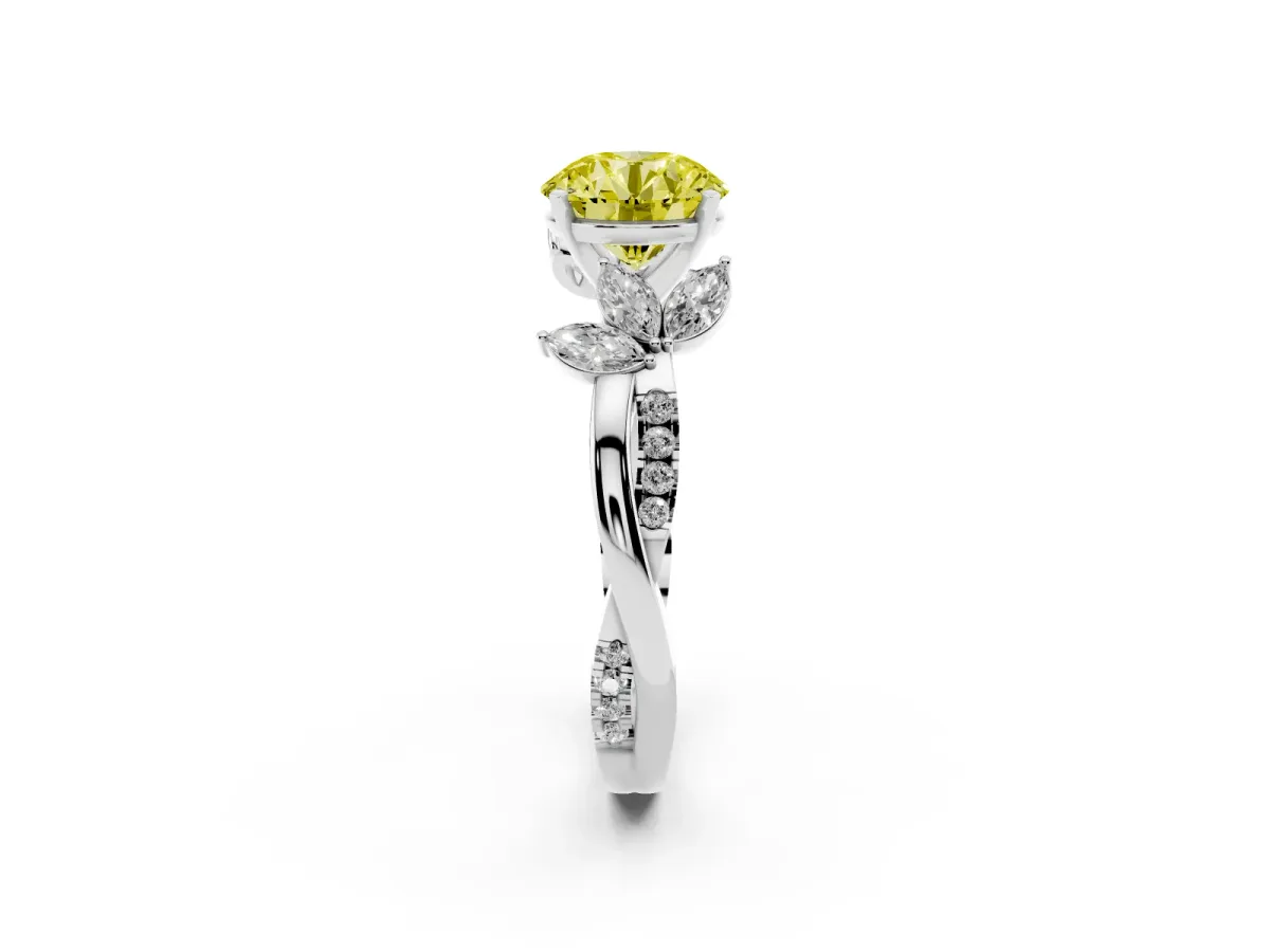 Fancy Yellow Round Cut Diamond Floral Vine Solitaire Engagement Ring Silver