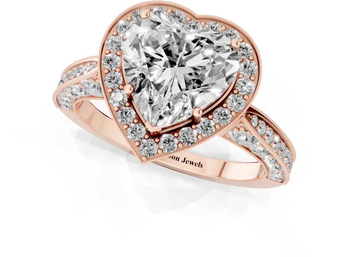 Heart Cut Halo Diamond Engagement Ring with Split Shank Band and Four-Prong Setting Rose gold