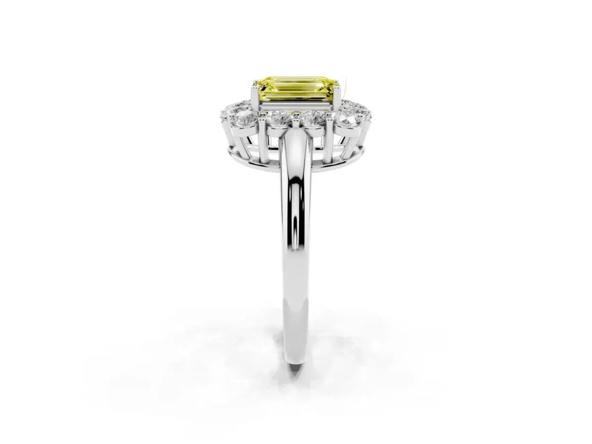 Fancy Yellow Emerald Cut Halo Cluster Diamond Engagement Ring with Prong Setting and Polished Band White gold