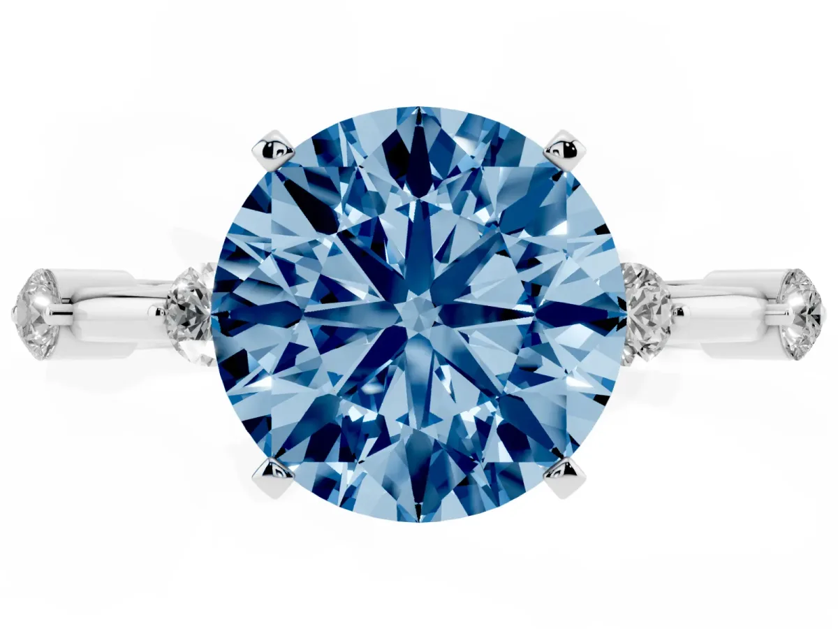 Fancy Blue Round Cut Solitaire Diamond Ring with Bezel Set Side Stones and Prong Setting Silver