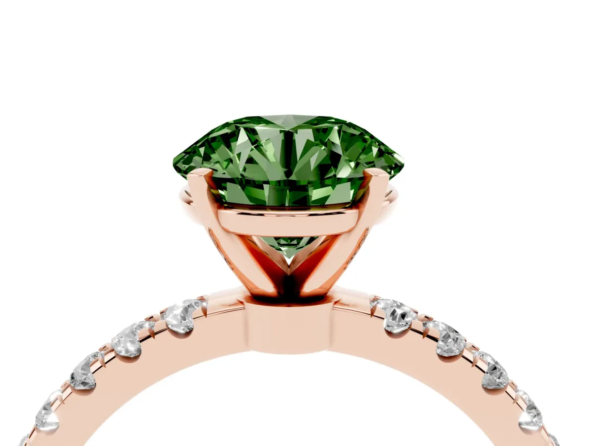 Fancy Green Round Cut Diamond Solitaire Ring with Pavé Accents and Four-Prong Setting Rose gold