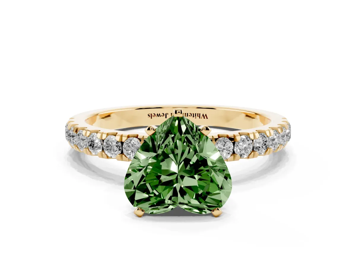Fancy Green Heart Cut Diamond Solitaire Ring with Pavé Accents and Four-Prong Setting Yellow gold