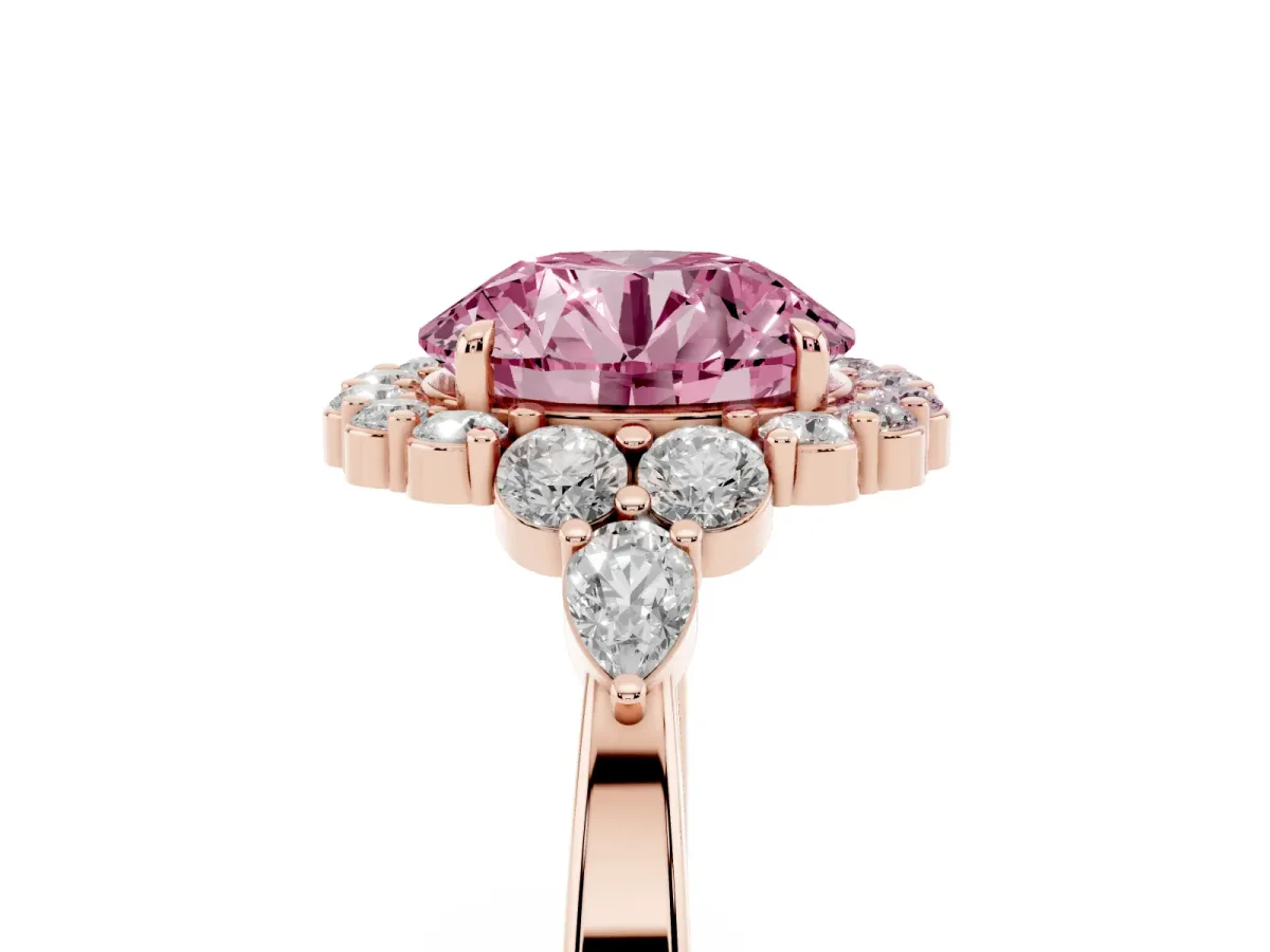 Fancy Pink Round Cut Diamond Halo Ring with Pear Side Stones and Prong Setting Rose gold