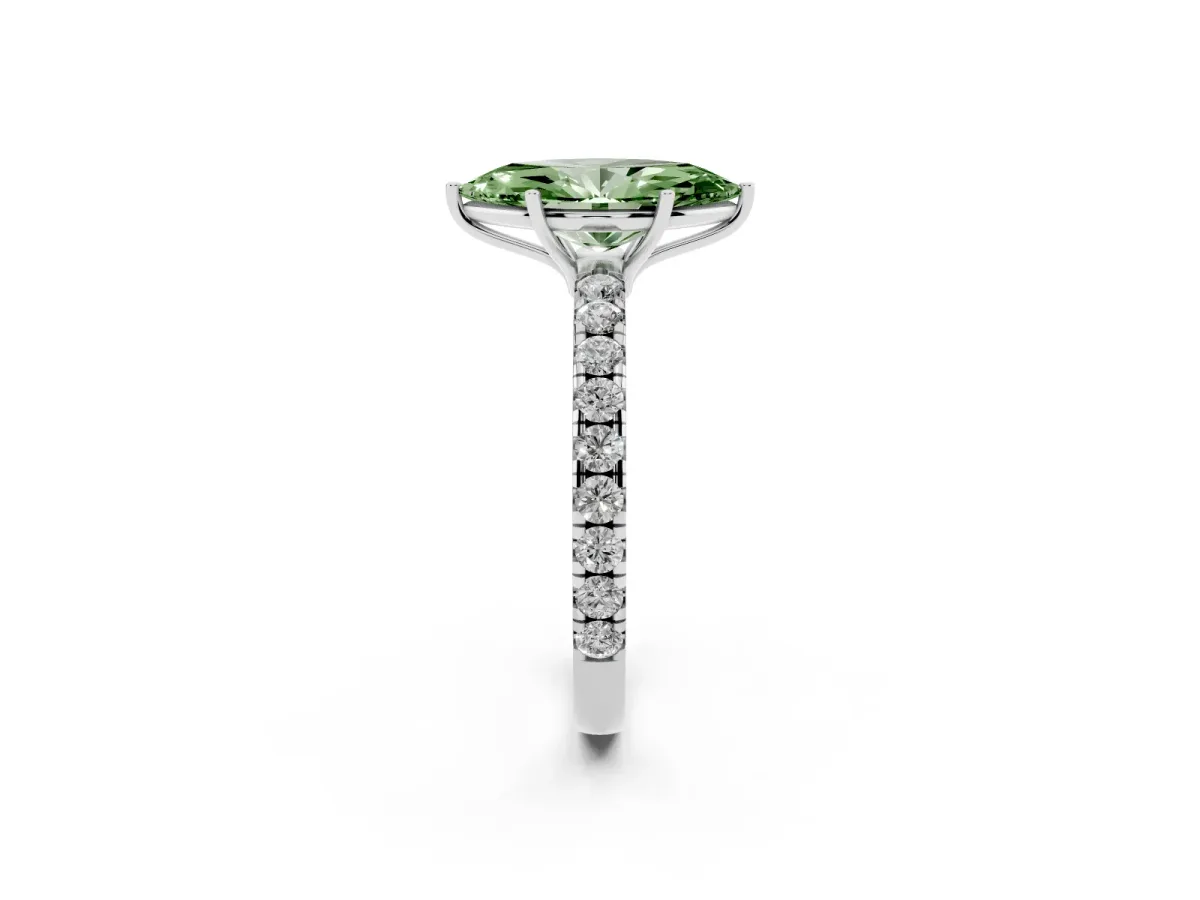 Fancy Green Marquise Cut Diamond Pavé Solitaire Engagement Ring with Four-Prong Setting Silver
