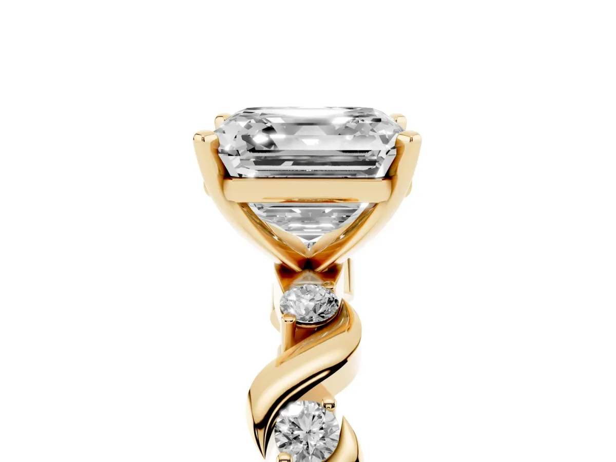 Asscher Cut Diamond Solitaire Twisted Band with Round Accents and Prong Setting Yellow gold