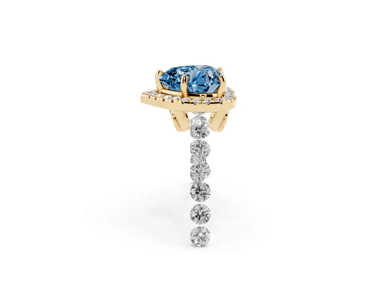 Fancy Blue Heart Cut Halo Pavé Diamond Engagement Ring with Four-Prong Setting Yellow gold