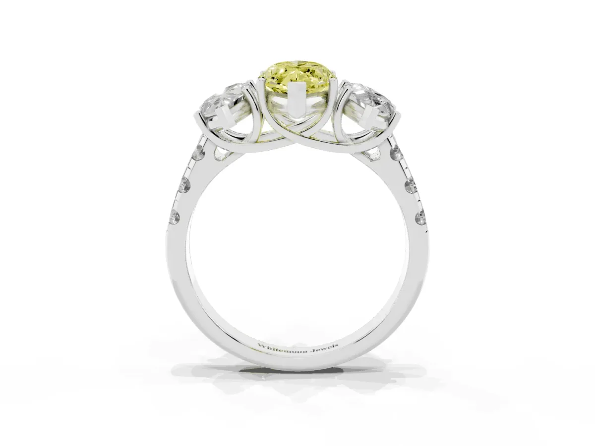 Fancy Yellow Three-Stone Marquise Cut Diamond Pavé Band with Prong Setting Silver