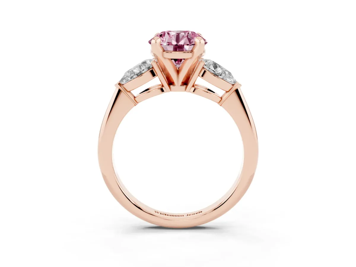 Fancy Pink Three-Stone Round Cut Diamond Ring with Pear Side Stones and Four-Prong Setting Rose gold