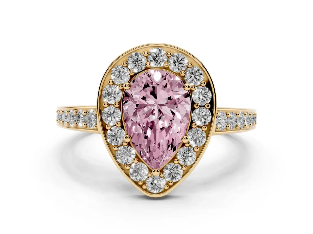 Fancy Pink Pear Cut Halo Pavé Diamond Engagement Ring with Bezel Setting Yellow gold