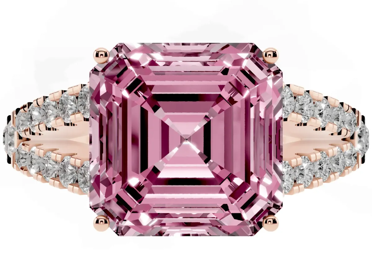 Fancy Pink Asscher Cut Diamond Split Shank Engagement Ring with Round Pavé and Prong Setting Rose gold