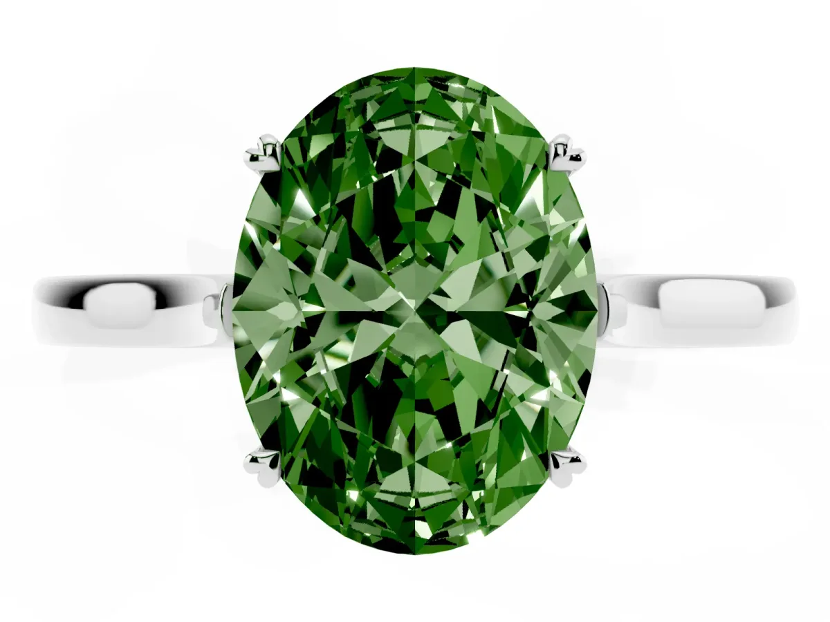 Fancy Green Oval Cut Solitaire Heart Prong Engagement Ring with Tapered Band White gold