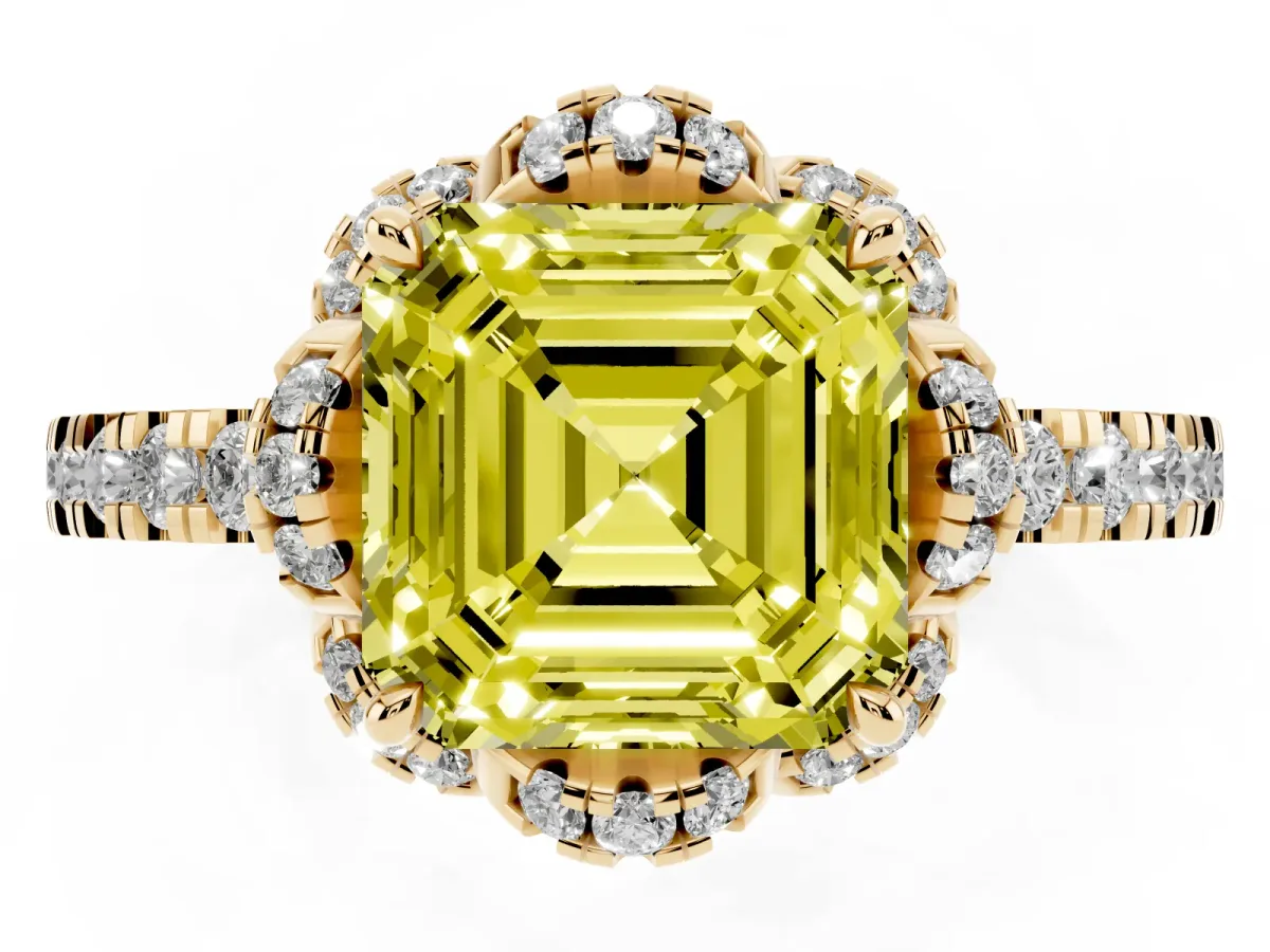 Fancy Yellow Asscher Cut Diamond Halo Pave Band with Four-Prong Setting Yellow gold