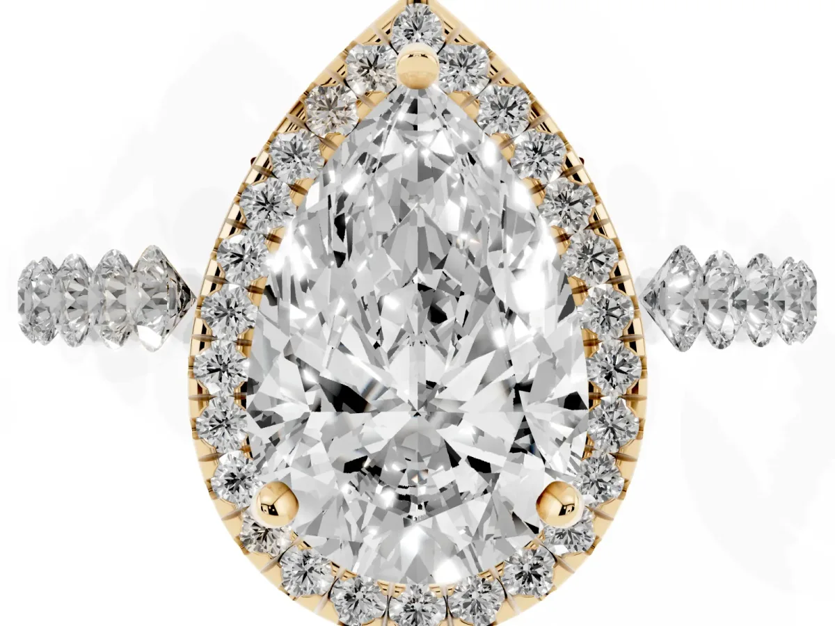 Pear Cut Halo Pavé Diamond Engagement Ring with Four-Prong Setting Yellow gold