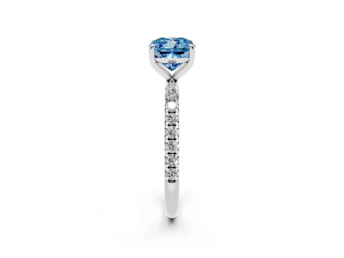 Fancy Blue Cushion Cut Cut Diamond Solitaire Ring with Micro Pave Band and Four Prong Setting Silver