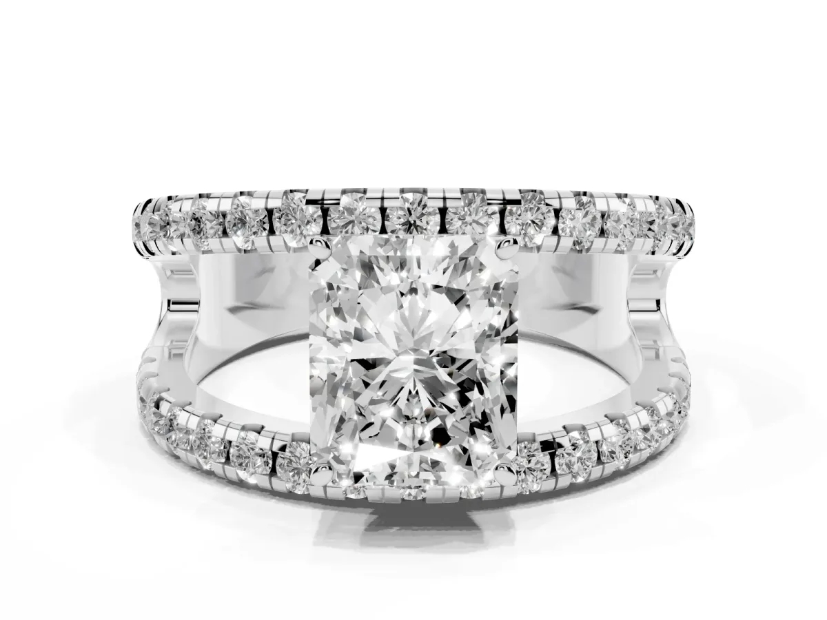 Radiant Cut Solitaire Split Shank Pave Diamond Ring Platinum