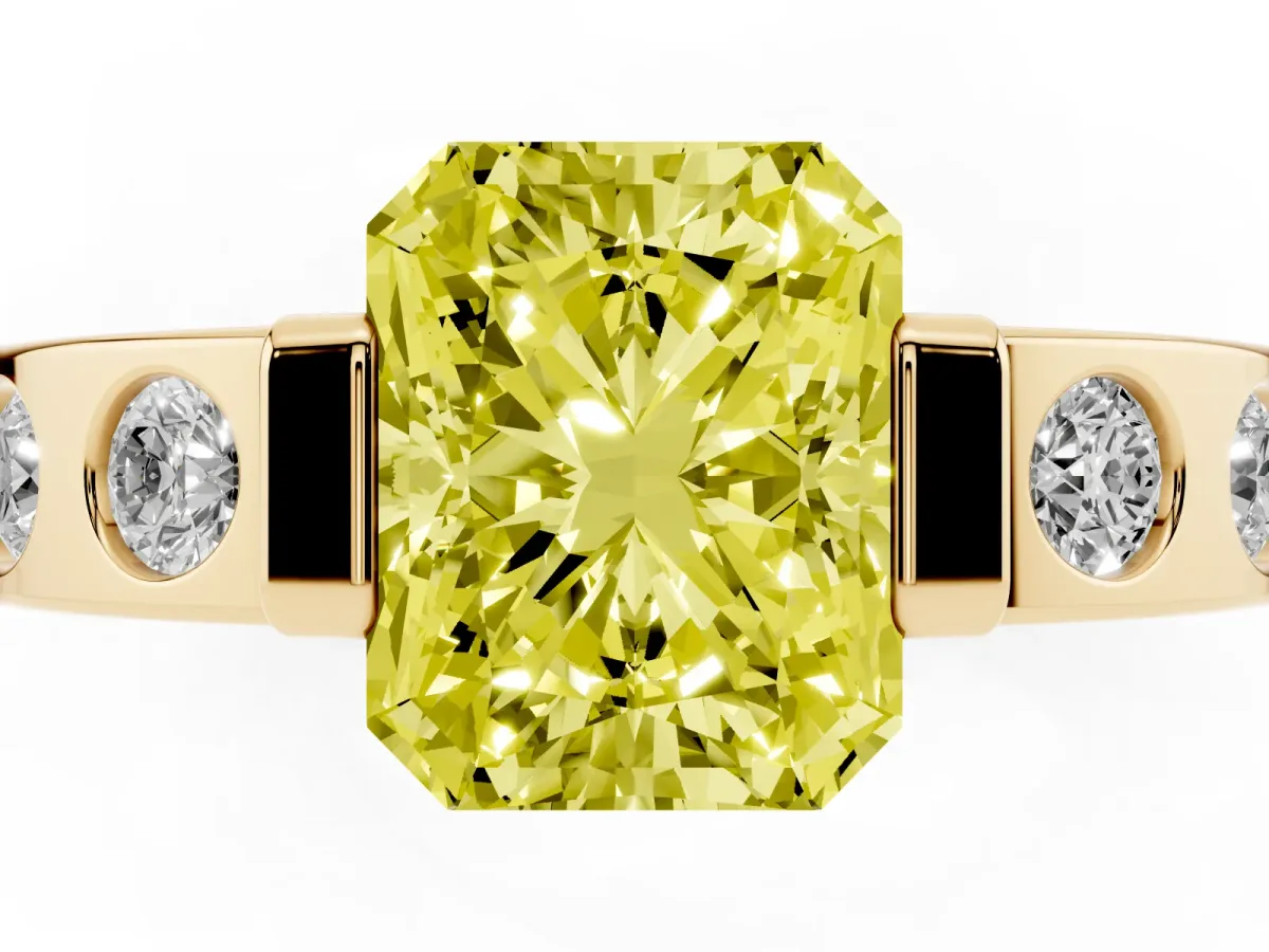 Fancy Yellow Radiant Cut Brilliant Channel-Set Diamond Ring with Bezel Prong Setting Yellow gold