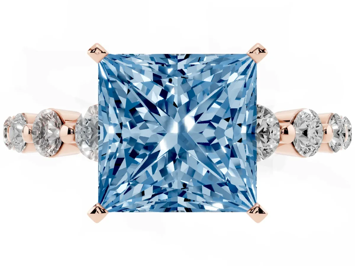 Fancy Blue Princess Cut Solitaire Diamond Ring with Pave Band and Four-Prong Setting Rose gold