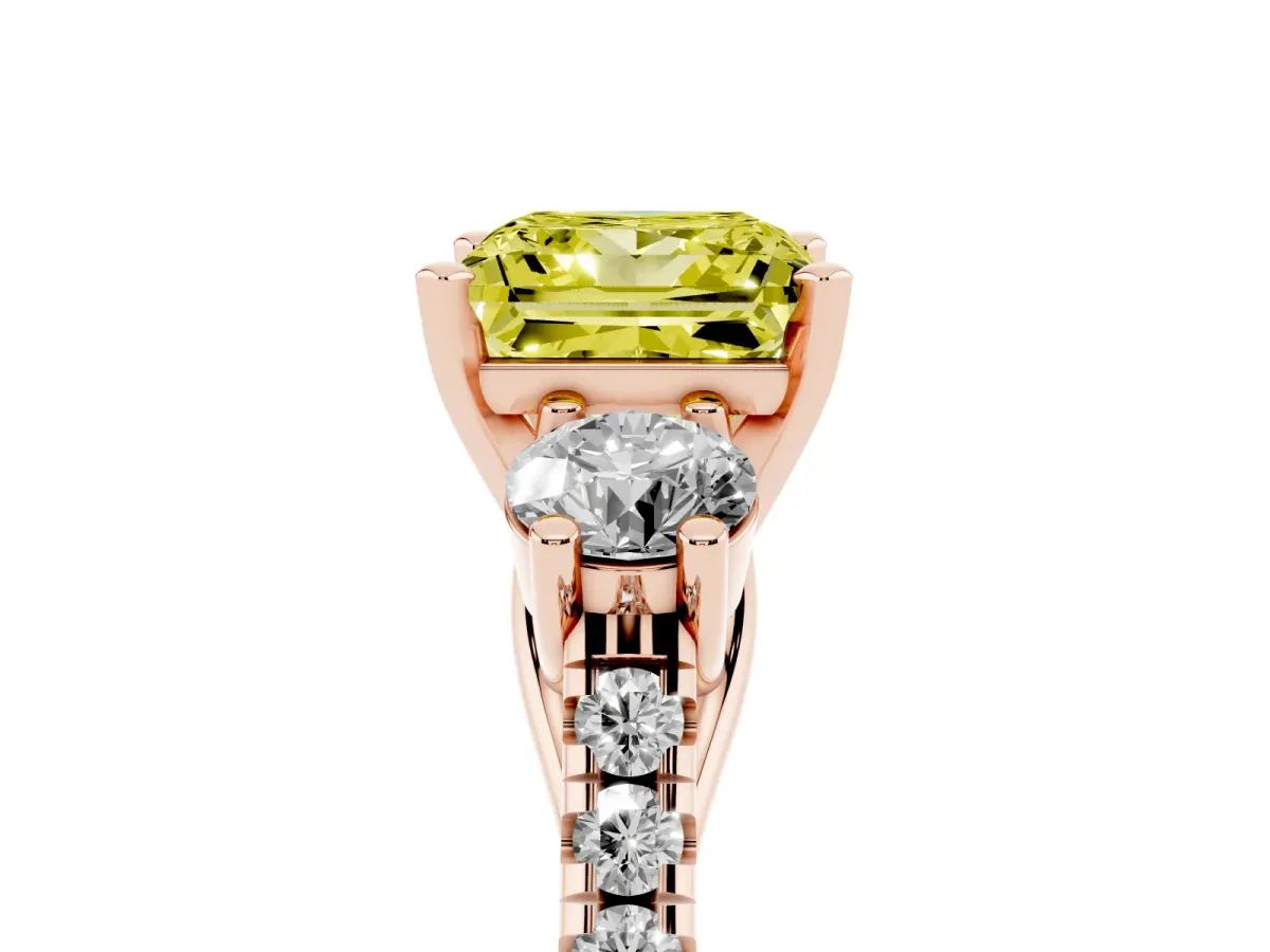 Fancy Yellow Three-Stone Princess Cut Diamond Pavé Band with Four-Prong Setting Rose gold