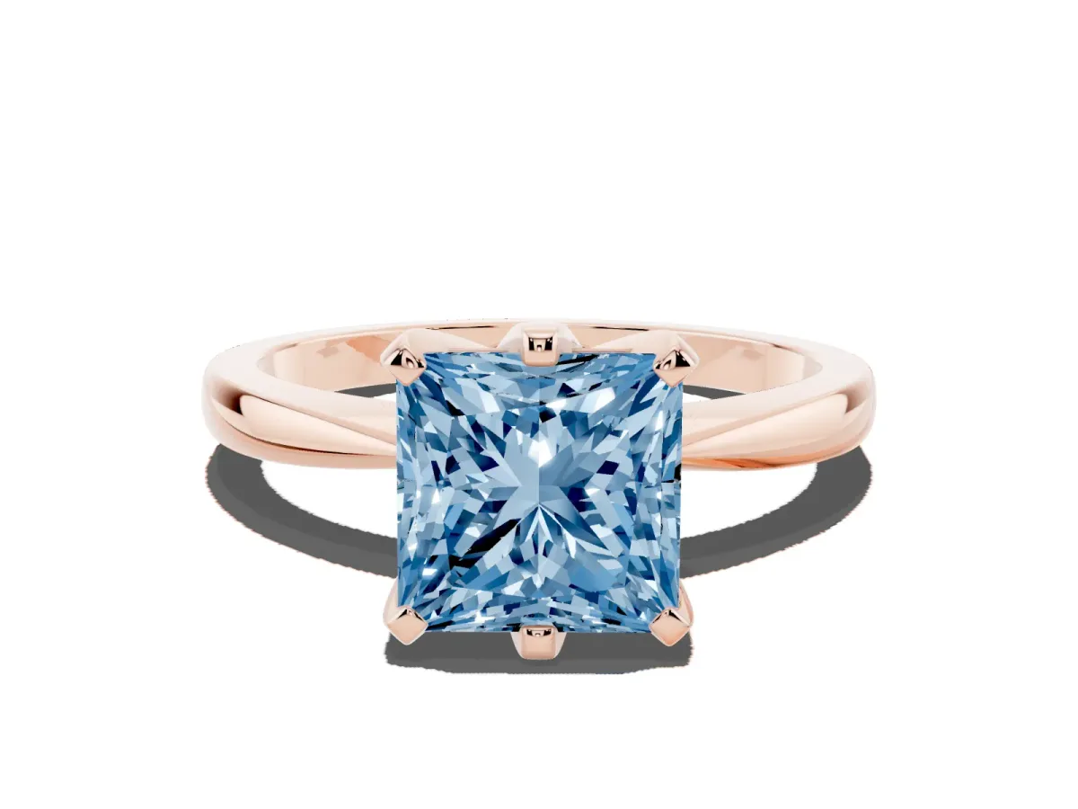 Fancy Blue Princess Cut Solitaire Engagement Ring with Six-Prong Setting and Tapered Band Rose gold