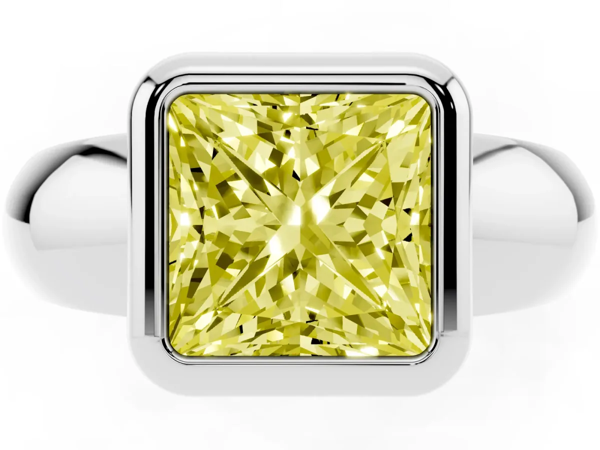 Fancy Yellow Bezel Set Princess Cut Solitaire Ring with Wide Band Silver