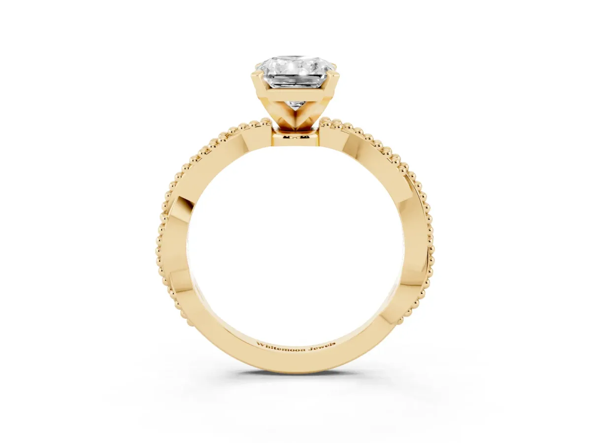 Radiant Cut Solitaire Twisted Band with Bead Prong Setting Yellow gold