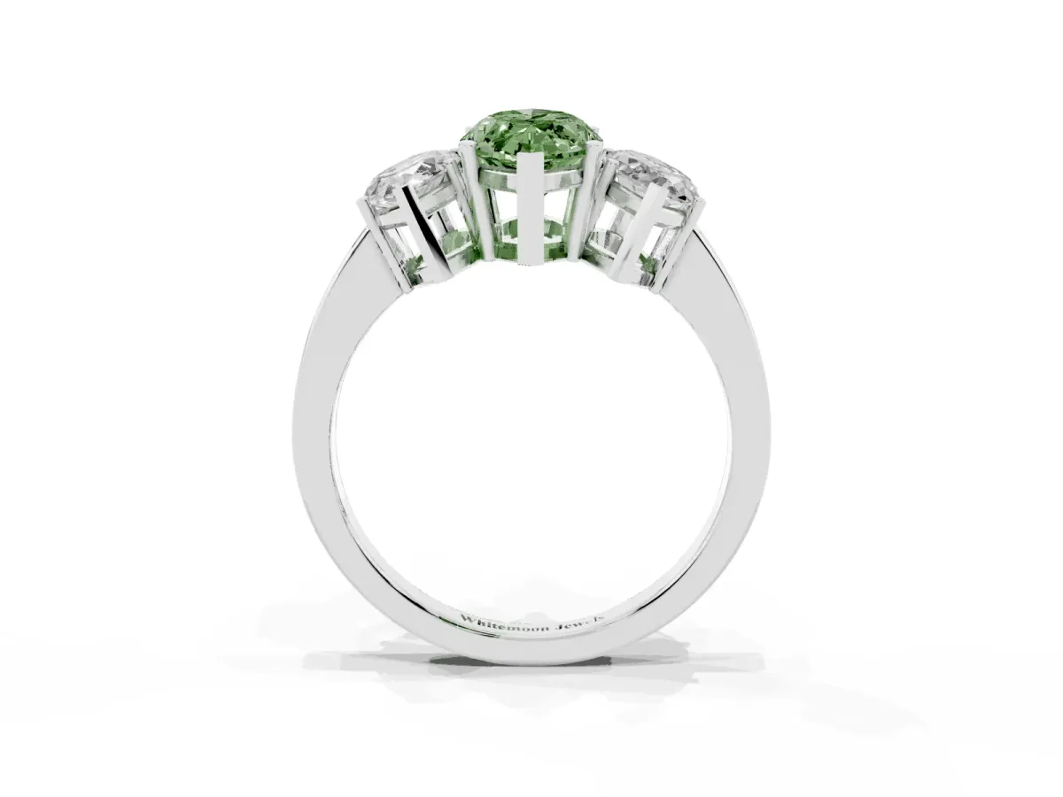 Fancy Green Three-Stone Marquise Cut Cut Diamond Engagement Ring with Flat Band and Four-Prong Setting Silver