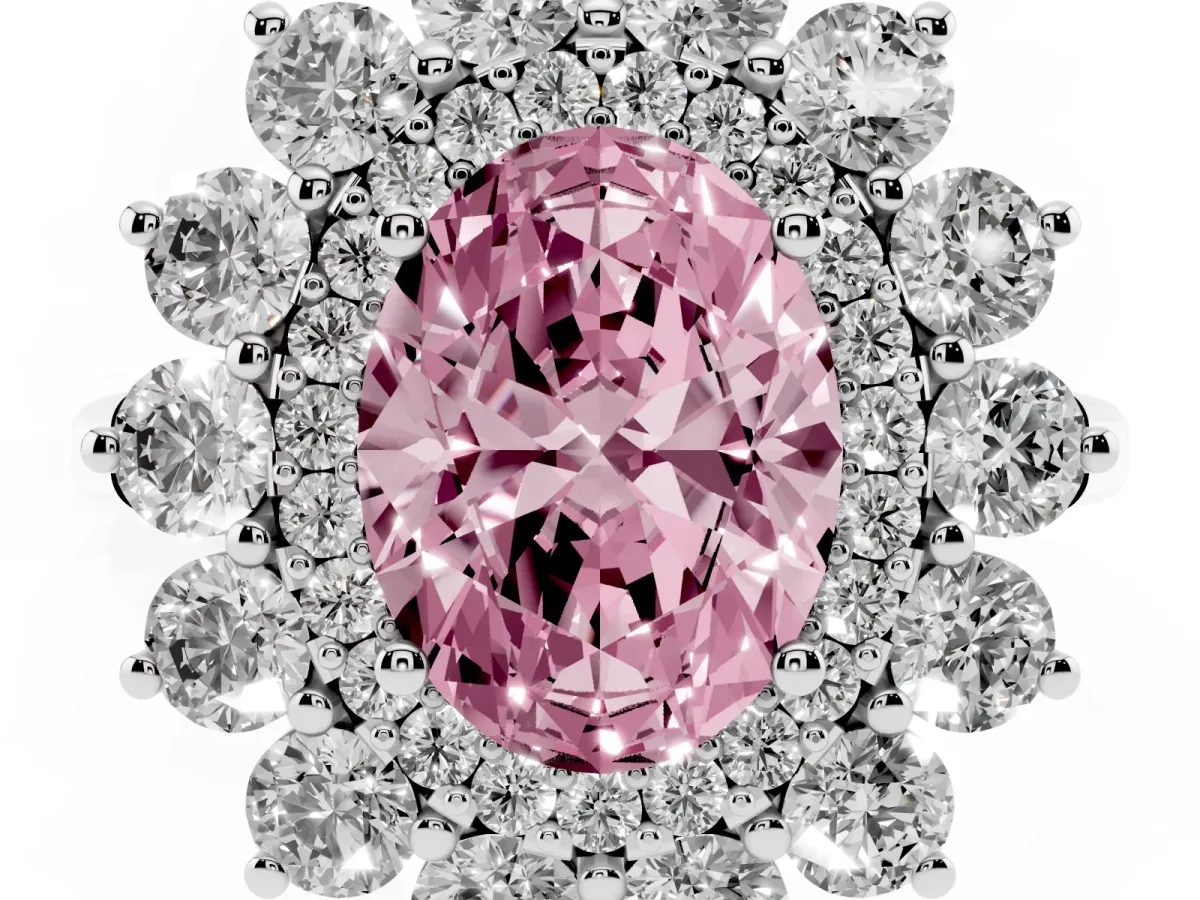 Fancy Pink Oval Cut Diamond Floral Double Halo Engagement Ring with Prong Setting Platinum