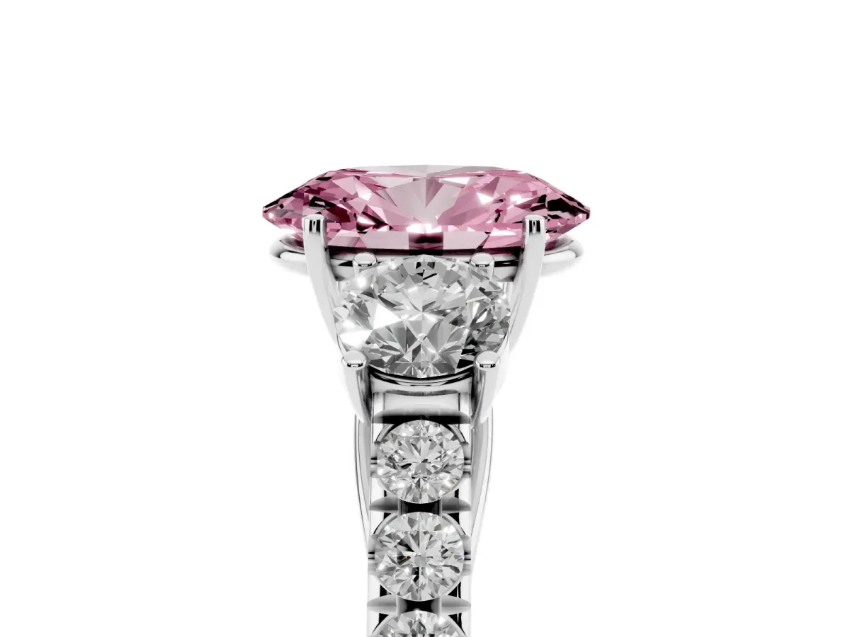 Fancy Pink Oval Cut Cut Diamond Three-Stone Ring with Round Side Stones and Pavé Band Silver