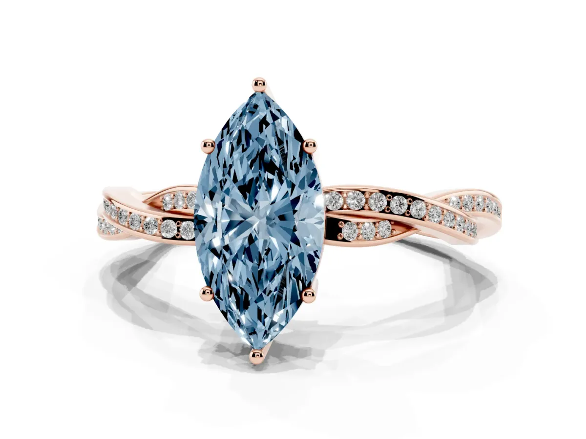 Fancy Blue Marquise Cut Solitaire Twisted Pave Diamond Ring with Four-Prong Setting Rose gold