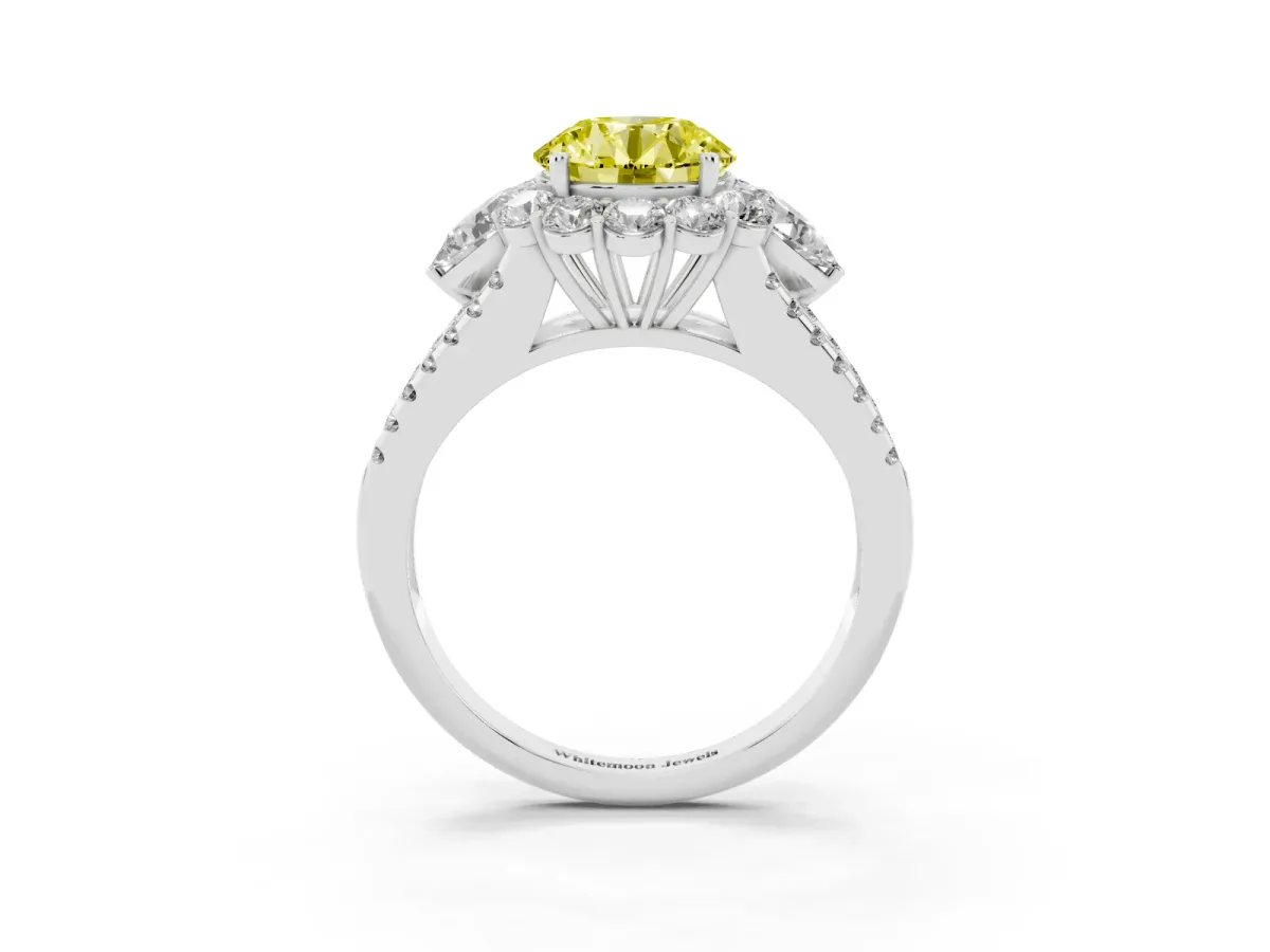 Fancy Yellow Round Cut Halo Split Shank Diamond Engagement Ring with Prong Setting Silver