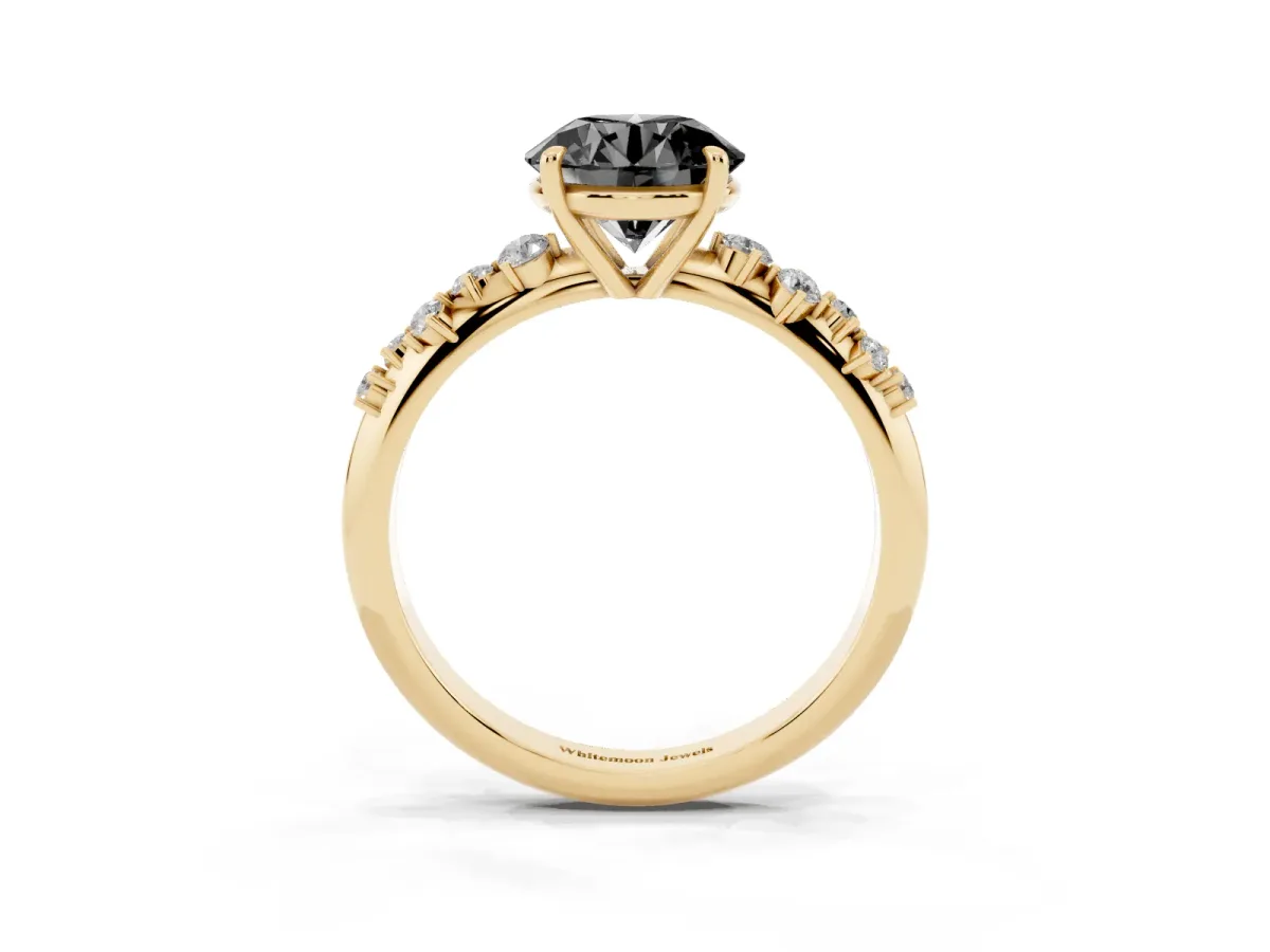 Fancy Black Round Cut Diamond Cluster Side Stone Solitaire Ring with Prong Setting Yellow gold