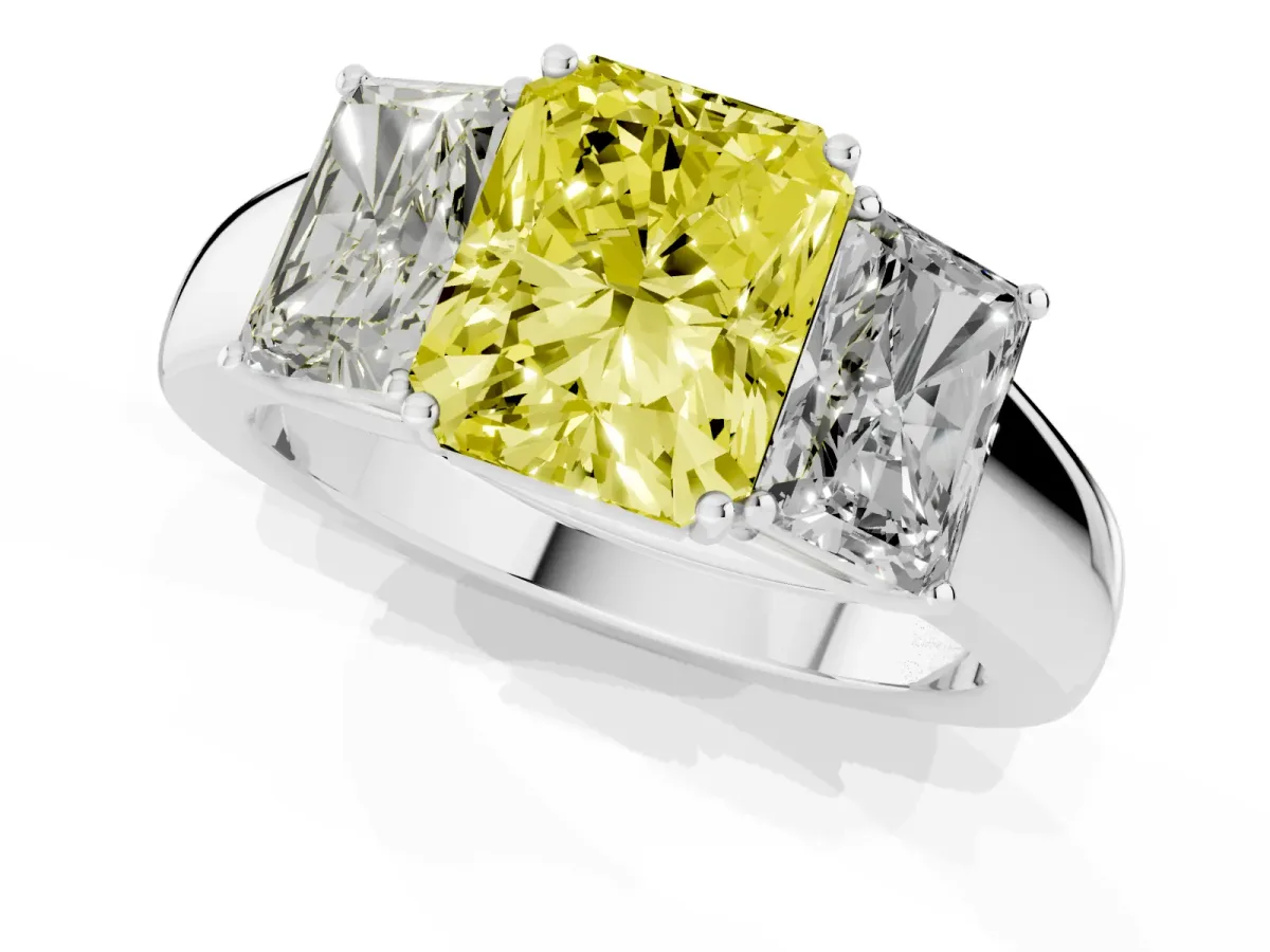 Fancy Yellow Three-Stone Radiant Cut Cut Diamond Ring with Prong Setting and Classic Band Silver
