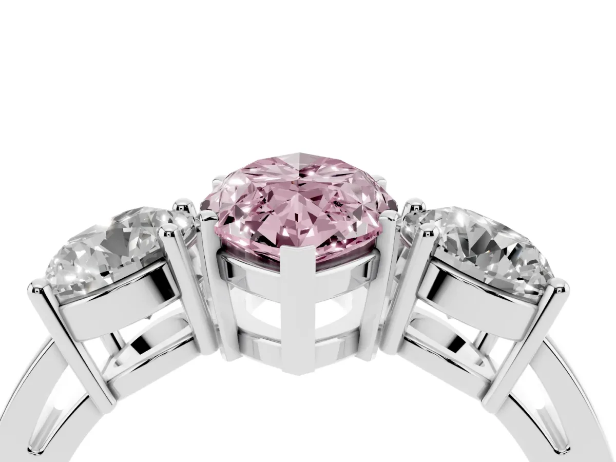 Fancy Pink Three-Stone Marquise Cut Diamond Ring with Round Side Stones, Classic Band, and Four-Prong Setting Platinum